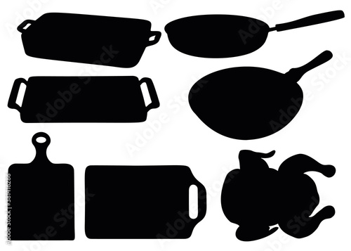 A set of kitchen utensils for baking. The set includes a baking sheet, frying pan, cutting board and chicken.