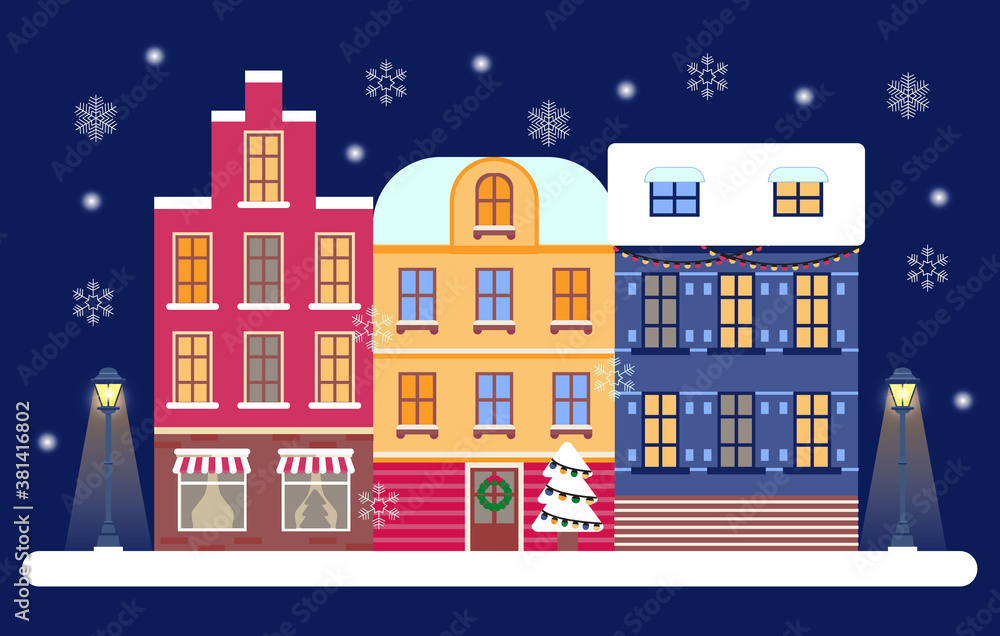 Christmas Eve in cozy city concept vector. Winter night panorama in town with street lightens. Snowy town or village landscape in the evening with snow fall. Gingerbread house
