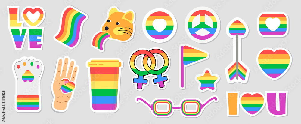 LGBT community set vectors. Icons of pride flags, rainbow colored pencil, heart, hand are shown. Pride month concept illustration. Arrow, ring, envelope in gay, bisexual LGBT community set vectors. Icons of pride flags, rainbow colored pencil, heart, hand are shown. Pride month concept illustration. Arrow, ring, envelope in gay, bisexual