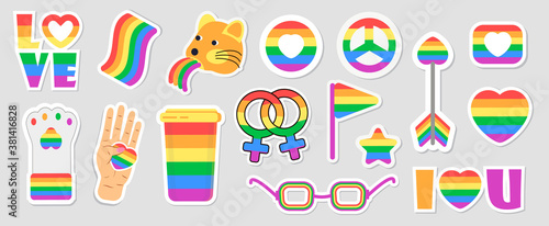 LGBT community set vectors. Icons of pride flags, rainbow colored pencil, heart, hand are shown. Pride month concept illustration. Arrow, ring, envelope in gay, bisexual © passionart