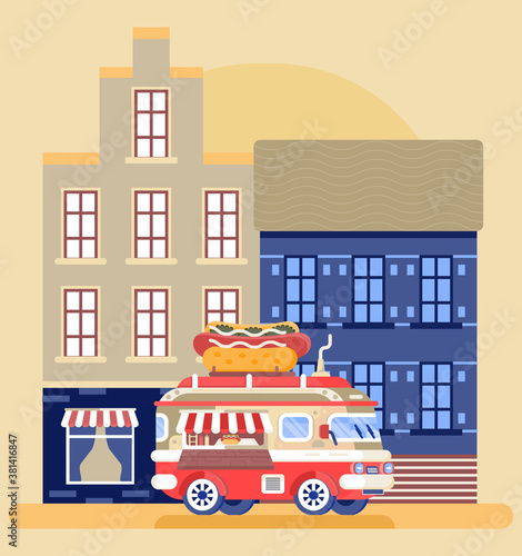 Food truck vector concept. Car with big hot dog. Street truck for selling of fast food. Van with cafe meals