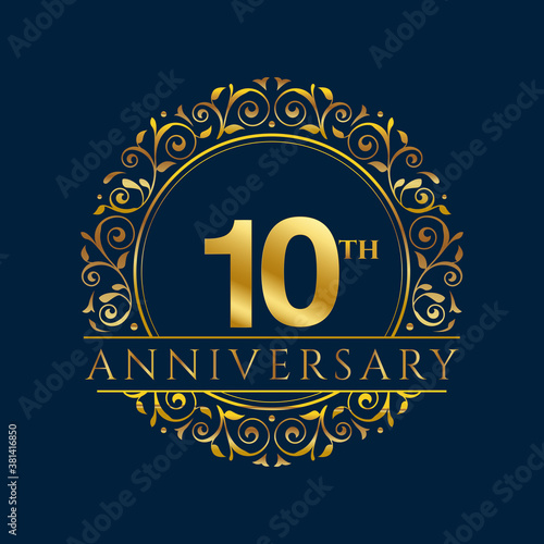 10th years old luxurious logo. Anniversary year of 10 th vector gold colored template framed of palms. Greetings ages celebrates. Celebrating laurel branches. 1 st place symbol of victory and success