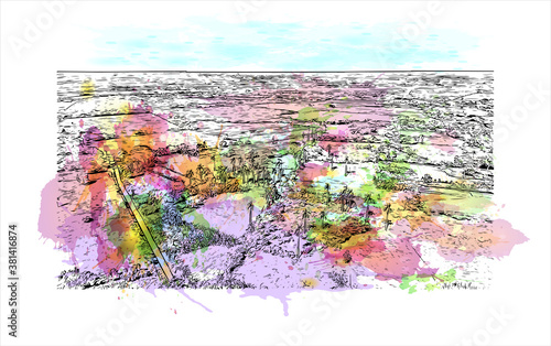 Building view with landmark of Bayamo is the capital city of the Granma Province of Cuba. Watercolor splash with hand drawn sketch illustration in vector.