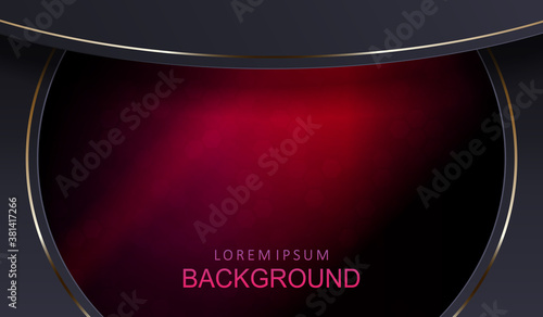 Abstract background with a gradient of red shades, gray arcs with a border of gold drip