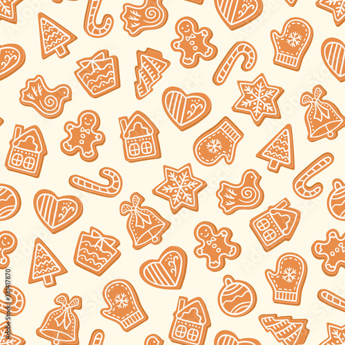 Gingerbread seamless pattern. Cookies in the form snowflake, christmas tree, gingerbread man, mitten, house background.