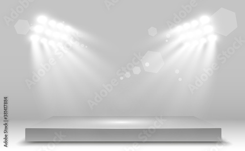Realistic 3d Light Box with platform background for design performance, show, exhibition. Vector illustration of Lightbox Studio Interior. Podium with spotlights.