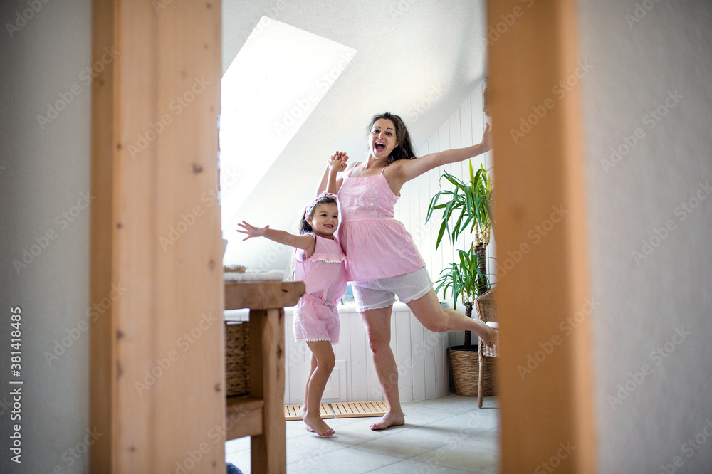 Portrait of pregnant woman with small daughter indoors in bathroom at home, having fun.