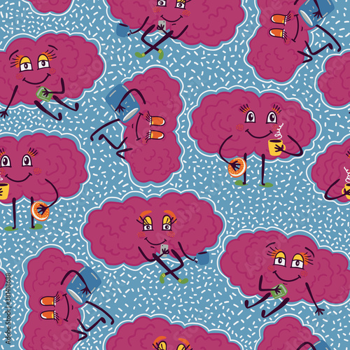 Cute brain character pattern. Character in cartoon style with coffee mug and donut, sleeping and reading character.