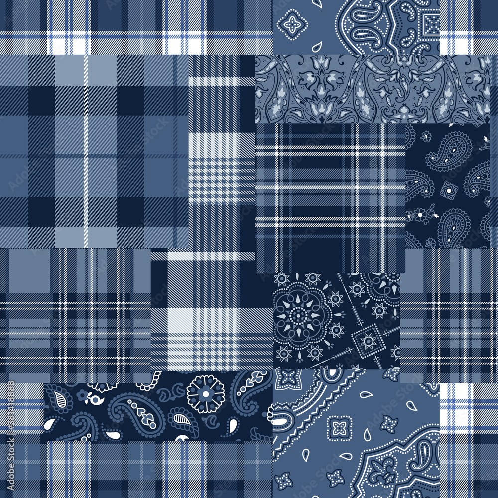 Bandana motifs and tartan plaid fabric patchwork abstract vector seamless pattern wallpaper