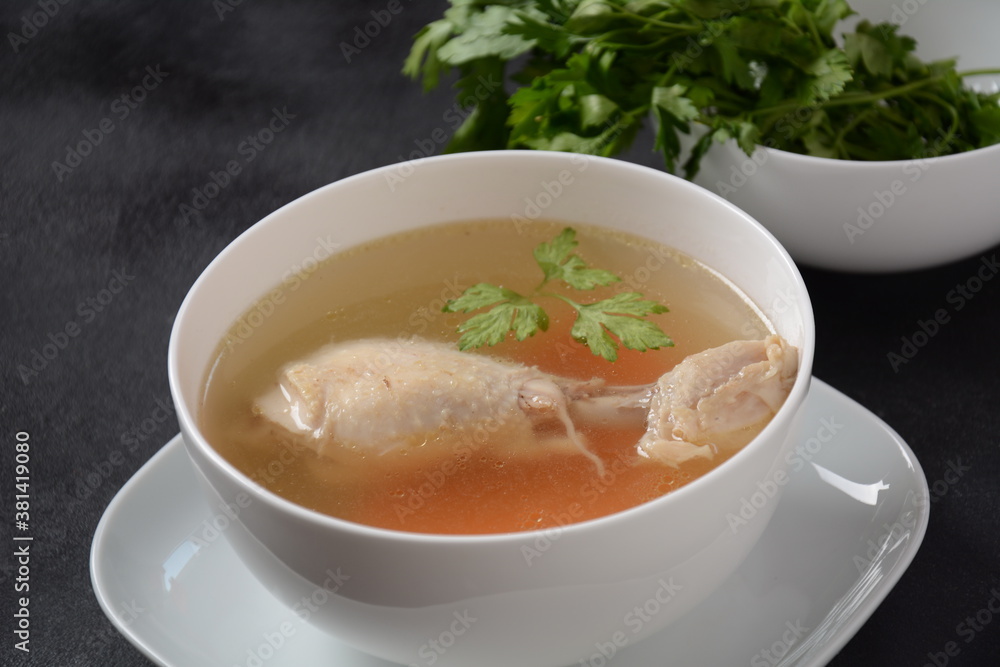Chicken bouillon broth, boiled meat chicken leg. Chicken bouillon broth, boiled meat chicken leg.