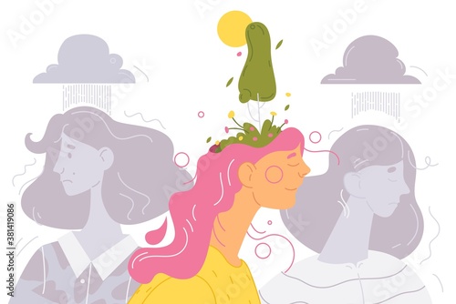 Concept illustration about mental health and problems. Happy woman with harmony in her head and sad and depressed people around. Scene good for psychotherapist web site and self-acceptance courses