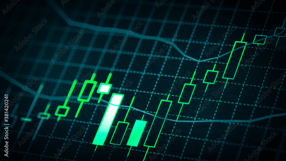 Stock market chart which including of currency symbol and Up/Down trend on monitor. Yellow Background with currency bars and candlestick chart