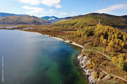Beautiful autumn view of lake Baikal. A warm autumn Sunny day. The City Of Slyudyanka, Russia. Created by dji camera © Viktoriya