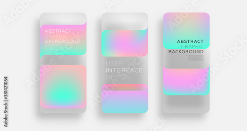 Mobile application screen page backgrounds set with plastic transparent effect and neon color liquid flow fluid shapes. User interface app template. Eps10 vector.