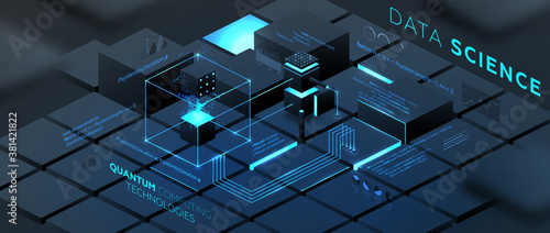 Artificial intelligence and robotic quantum computing processor isometric concept for business technology, engineering and innovations design. Eps10 vector illustration
