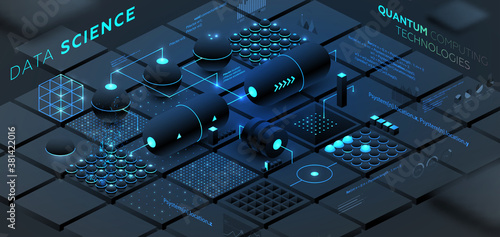 Artificial intelligence and robotic quantum computing processor isometric concept for business technology, engineering and innovations design. Eps10 vector illustration