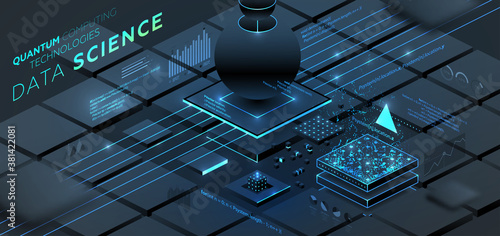 Artificial intelligence and robotic quantum computing processor isometric concept for business technology, engineering and innovations design. Eps10 vector illustration