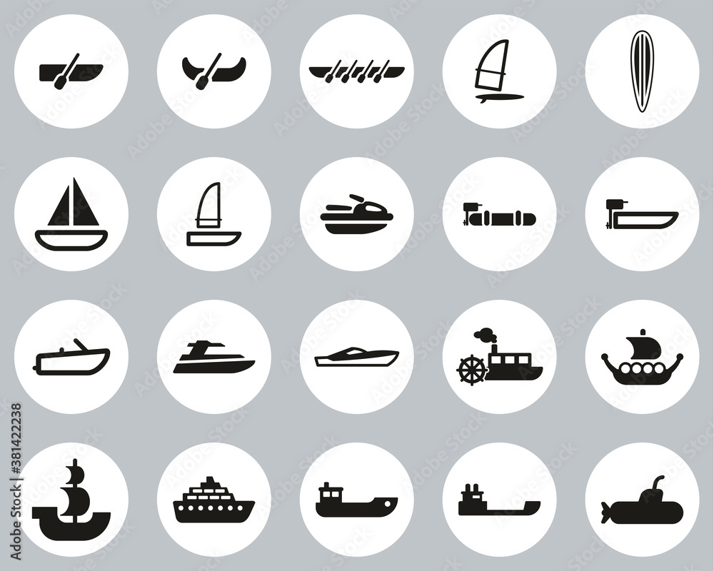 Boat Or Ship Icons Black & White Flat Design Circle Set Big