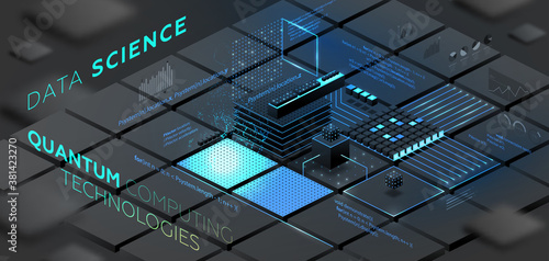 Artificial intelligence and robotic quantum computing processor isometric concept for business technology, engineering and innovations design. Eps10 vector illustration