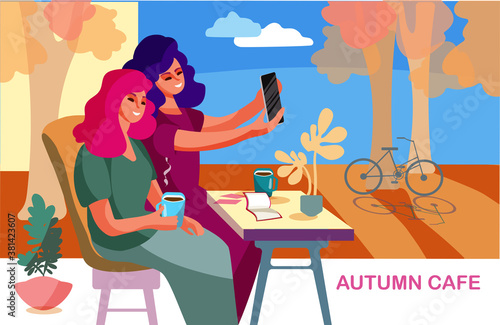 Girls drink coffee and take selfies. Photo on the background of an autumn landscape. Vector illustration for a web page