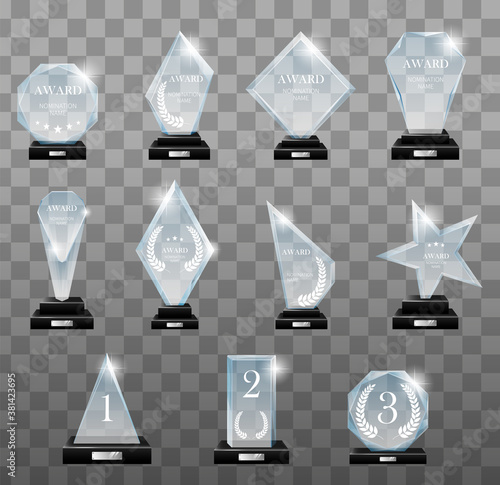 Glass trophy awards set. Glass trophies plaque engraved crystal award realistic. Vector isolated image fogged crystal award designs shape on board pedestal for awarded champion