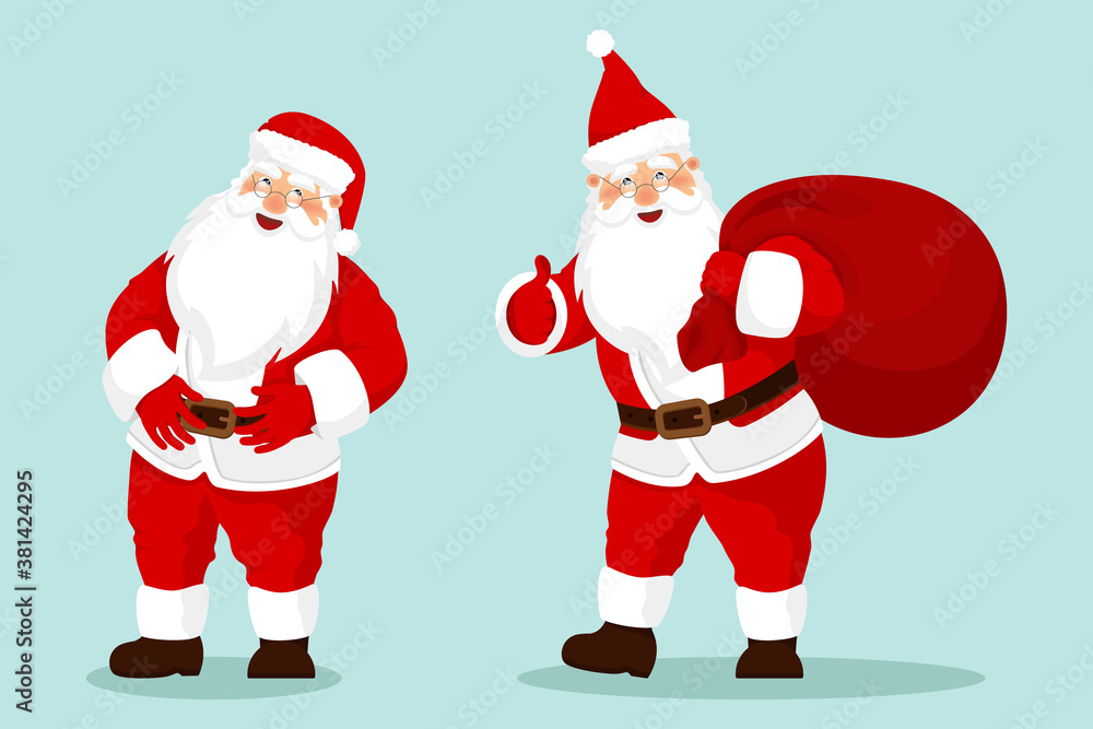 Santa Claus set. Cartoon holiday moving characters. Red Santa hat. For Christmas and New Year posters, gift tags and labels Santa Claus set. Cartoon holiday moving characters. Red Santa hat. For Christmas and New Year posters, gift tags and labels
