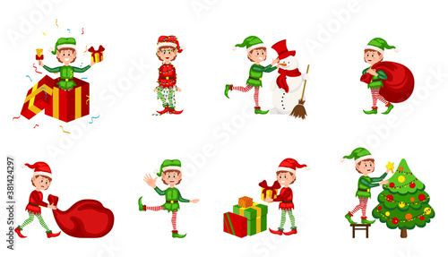 Collection of Christmas elves isolated on white background. Christmas elf in different positions. Santa Claus helpers cartoon, cute dwarf elves fun characters, santas helper
