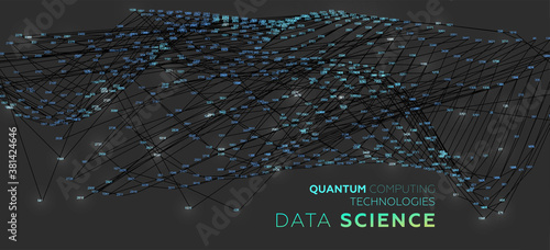 Quantum computing, deep learning artificial intelligence, signal cryptography infographic vector illustrations. Big data algorithms visualization for business, science presentations, posters, covers