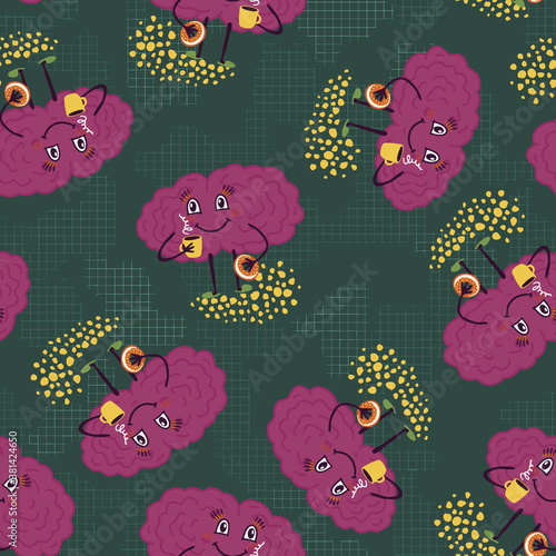 Seamless pattern with cute brain character. Coffee and donut. Cartoon style illustration.