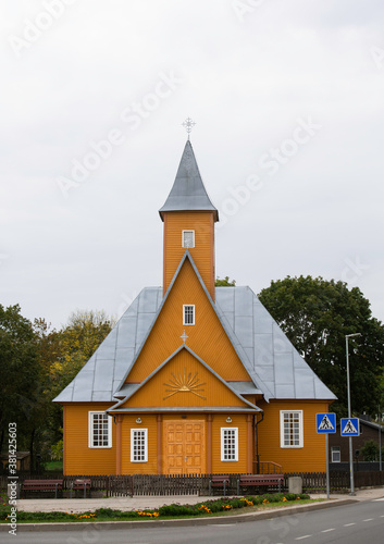 Varena, Lithuania - 26 sept,2020: wooden old Varena St. Archangel Michael church, south of Lithuania (Dzukija) photo