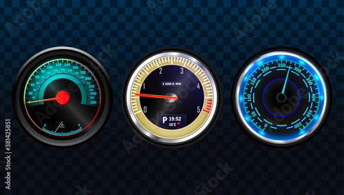Speedometer indicators. Dashboard panel for transport automobile illustration. Automobile digital odometer indicator display technology for racing game vector isolated icons photo