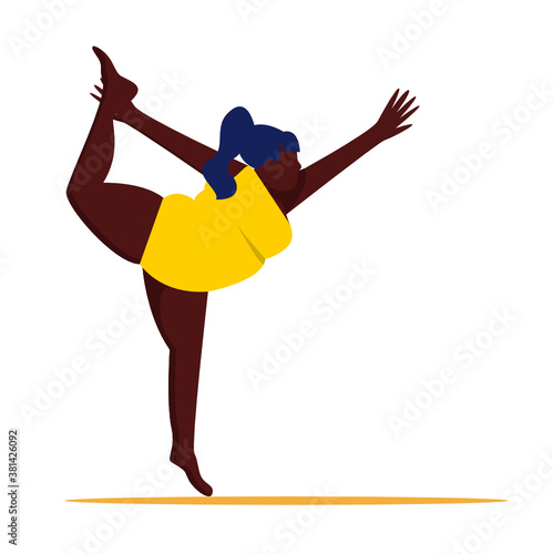 A young African woman in a yellow one-piece swimsuit stands in a yoga pose, a girl athlete, body positive