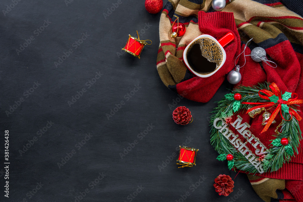 christmas decoration with hot coffee on dark background. flat lay. copy space for text.