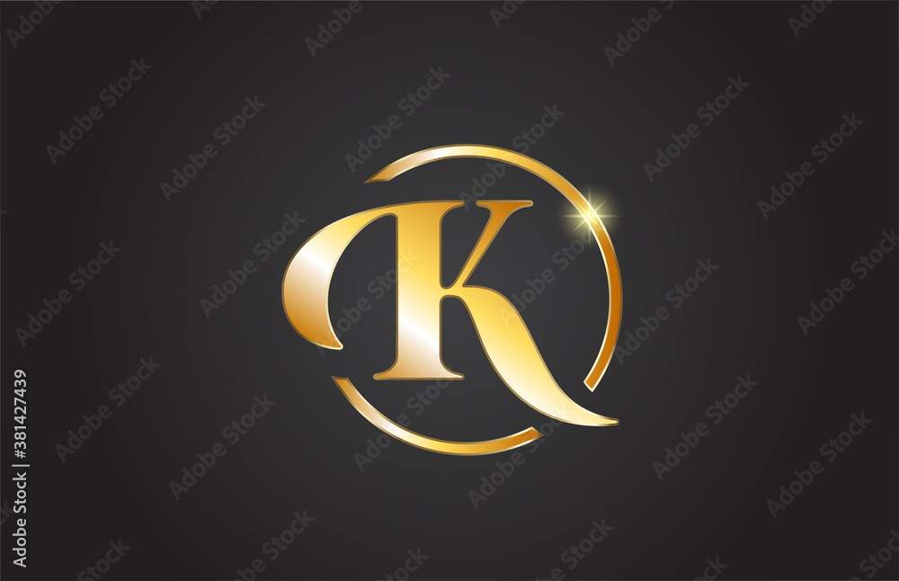 Obraz premium golden K alphabet letter logo icon in yellow and black color. Simple and creative gold circle design for business and company