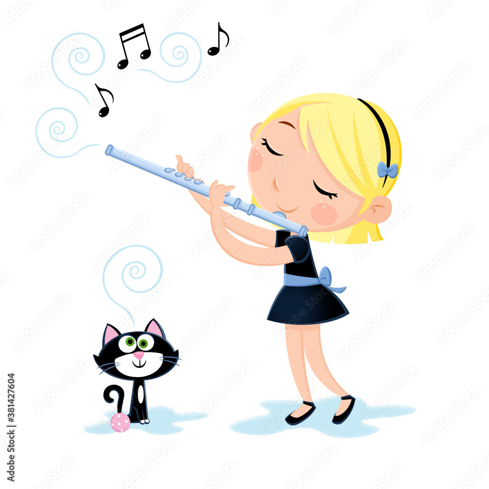 Kids and music - Little girl playing flute - Illustration Kids and music - Little girl playing flute - Illustration