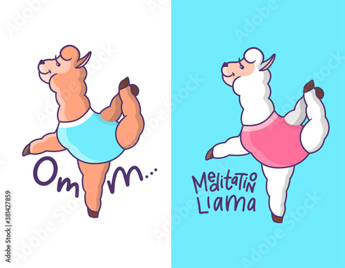 The cute llamas alpacas are in yoga poses. Cartoon characters are in meditation. Good for t-shirt designs, stickers, a