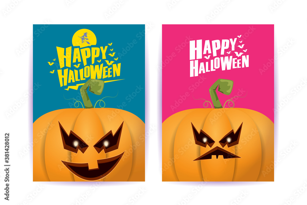 Halloween vertical cartoon posters set with Halloween scary pumpkins . Funky kids Halloween background with space for text Halloween vertical cartoon posters set with Halloween scary pumpkins . Funky kids Halloween background with space for text