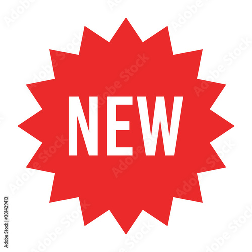 Red starburst sticker with new sign - circle sun and star burst badges and labels with text about new product.