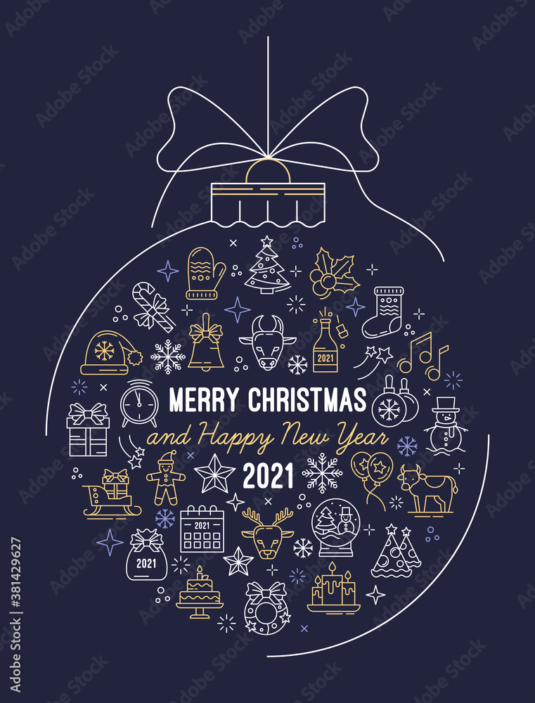 2021 New year and Christmas. Holiday postcard or banner with a Christmas toy ball and a bow with an outline icons set. Chinese year of the Ox. Vector illustration on a dark blue background.
