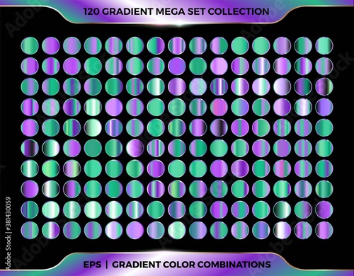Trendy colorful gradient shiny purple and green color combination mega set collection of metal palettes for border frame ribbon cover label templates