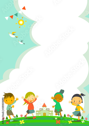 multiracial kids playing  outdoor  with friends