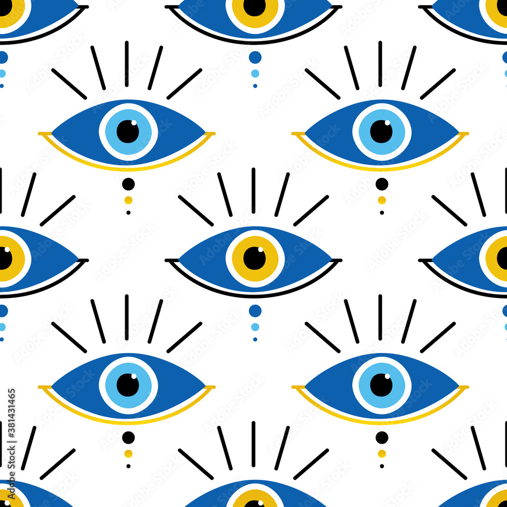 Vector seamless pattern background with conceptual blue evil eyes symbols, talismans, amulets.
