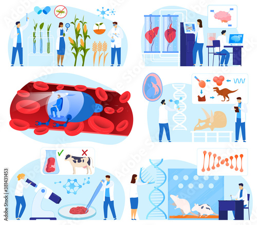Science biotechnology vector illustration set. Cartoon flat scientific technology collection with tiny scientist characters work with nanotechnology in genetics, research dna gene isolated on white