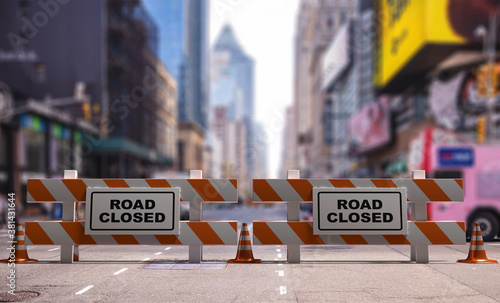 Closed road text sign, street barriers and traffic cones downtown, city center background. 3d illustration