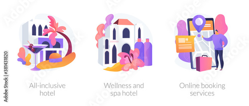 Luxury hotels metaphors. All inclusive resort, wellness and spa hotel, online booking service. Accommodation rent, travel planning. Room reservation. Vector isolated concept metaphor illustrations.