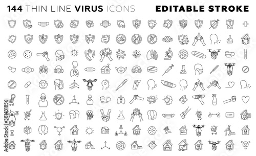 Thin line virus icons set including coronavirus cell  prevention  symptoms  safety  stay home  pneumonia  pills  hand washing  disinfection  contactless quadrocopter drone delivery and remote working.