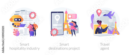 Abroad trip planning metaphors. Smart hospitality industry, destinations project, travel agent service. Booking hotel and tickets online. Vector isolated concept metaphor illustrations.
