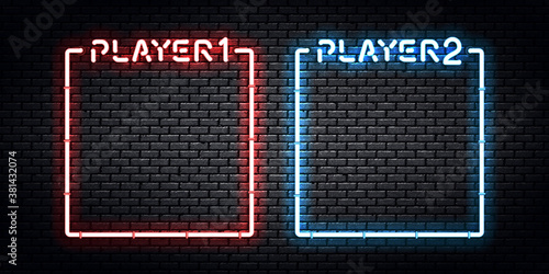 Vector realistic isolated neon sign of Player 1 and Player 2 frames for template decoration and covering. Concept of Versus and gaming.