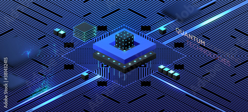 Artificial intelligence and robotic quantum computing processor isometric concept for business technology, engineering and innovations design. Eps10 vector illustration
