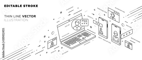 Remote online coding, research and application development concept for business technology, engineering and innovations design. Eps10 vector illustration